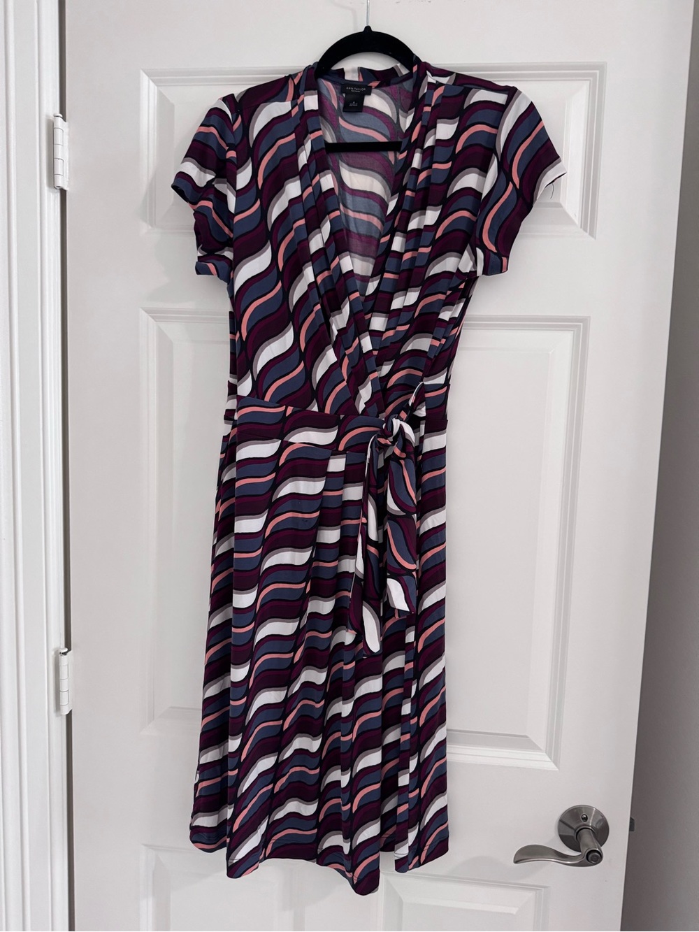 Ann Taylor Wrap Dress in Purple, Navy, Pink and White Wave Print